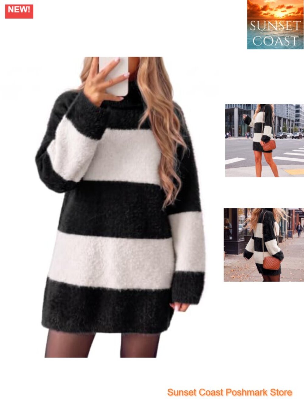 Fuzzy Knit Striped High Neck Turtleneck Mini Sweater Dress